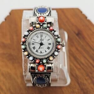 JB Women's Silver Tone Cuff Watch Western Colorful Stone Embellished Boho